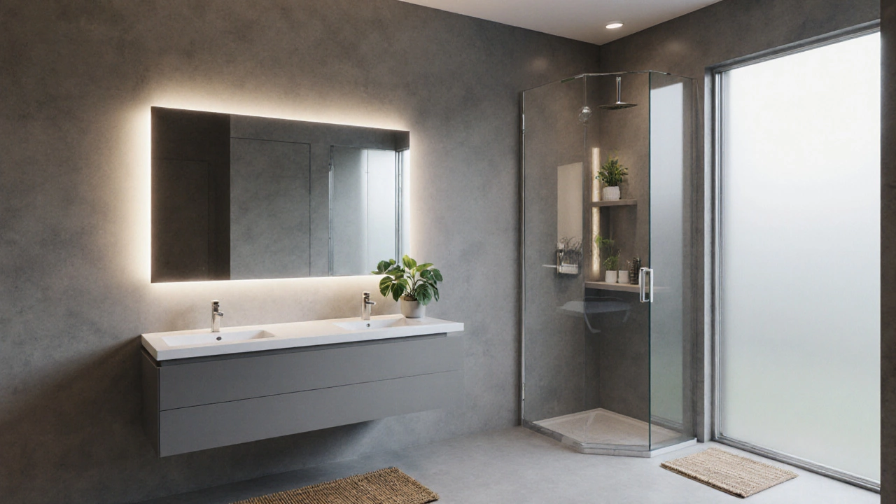 3D view of a gray‑finished bathroom with sleek fixtures, bamboo mat, and potted plant.