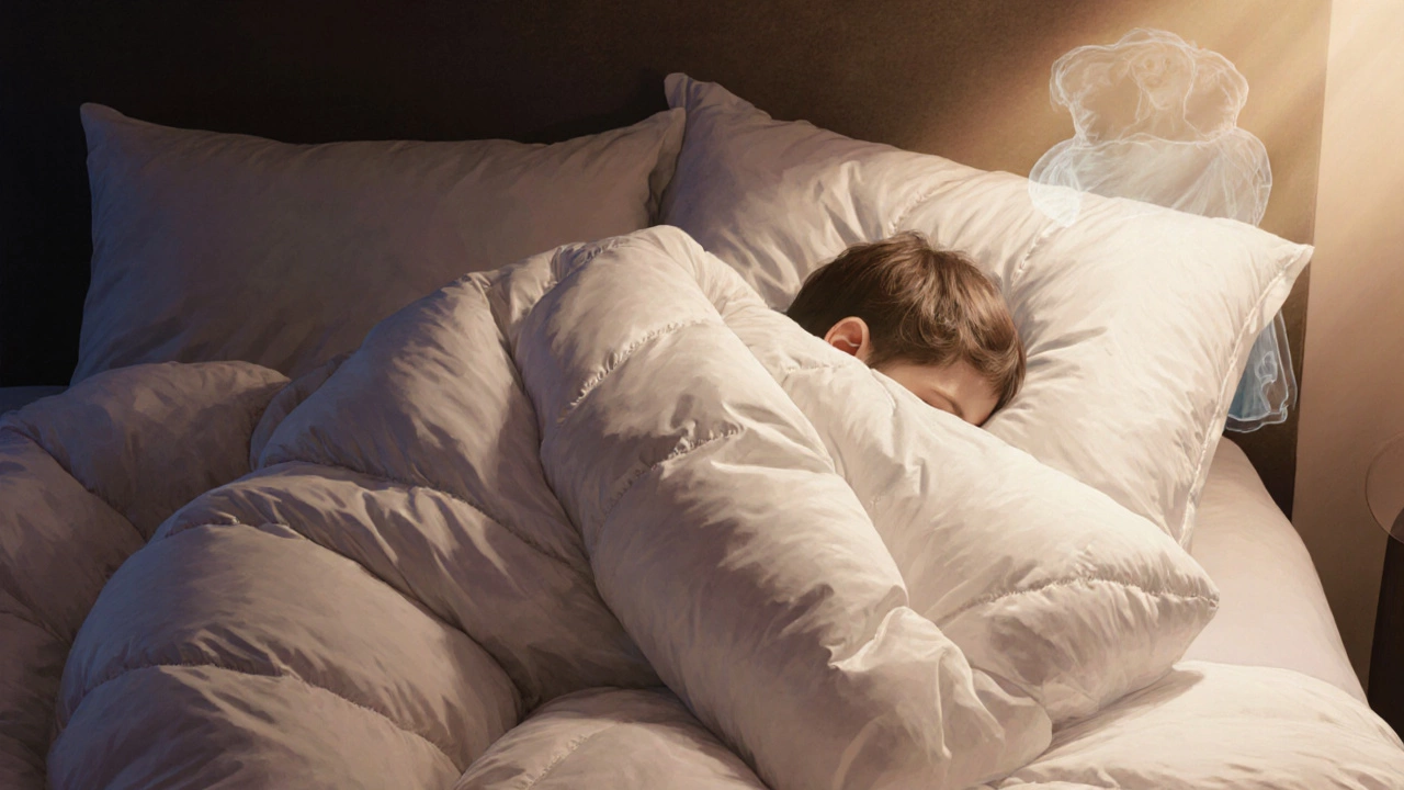 A person sleeping peacefully under a new, evenly filled comforter with warm ambient lighting.