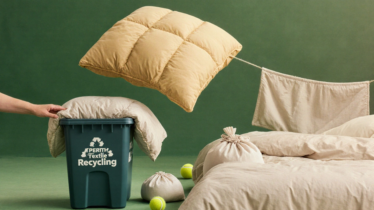 An old comforter being recycled while a new one glows above the bed in golden light.