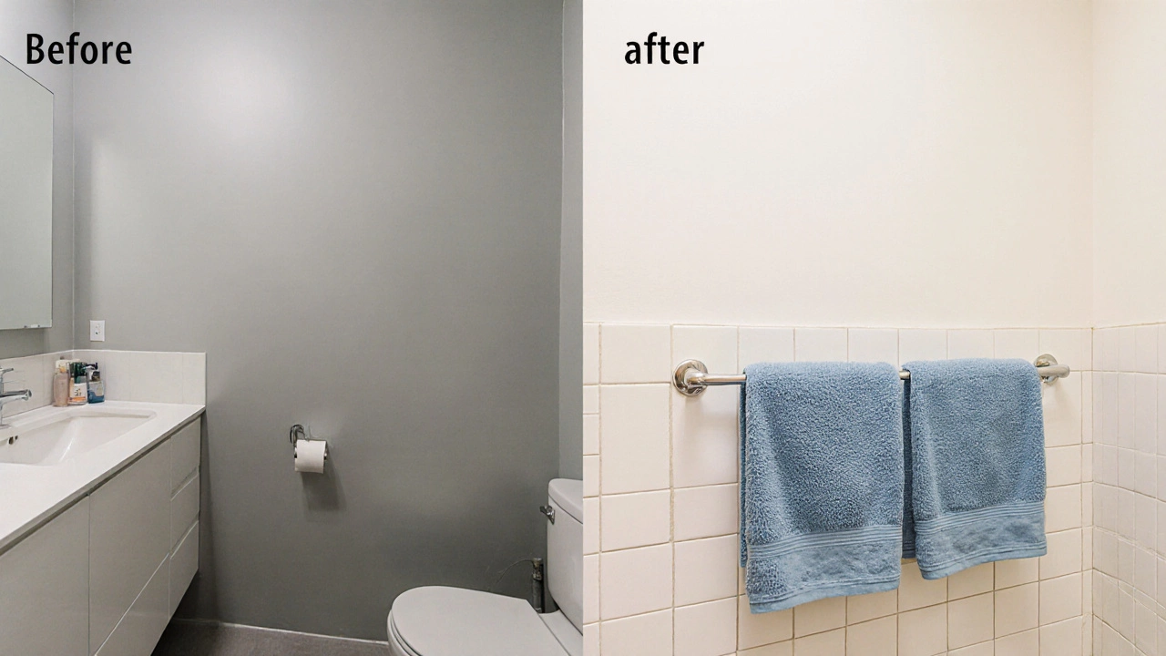 Before and after photo of a bathroom: original pale grey walls versus fresh white walls with blue towels.