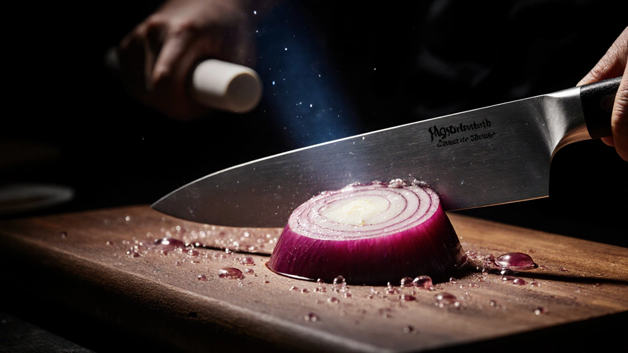 Chef's knife slicing a red onion on a wooden board with a focused light highlighting the blade.