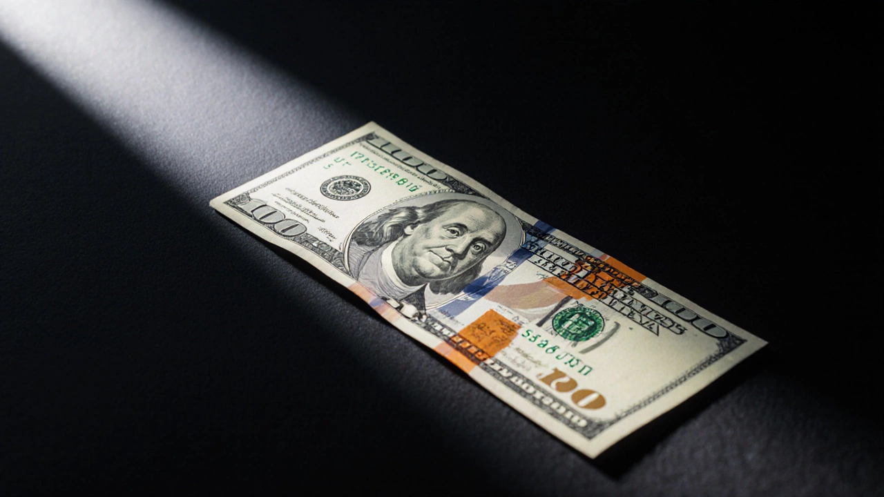 Close‑up of a  bill showing orange UV security thread and watermark.