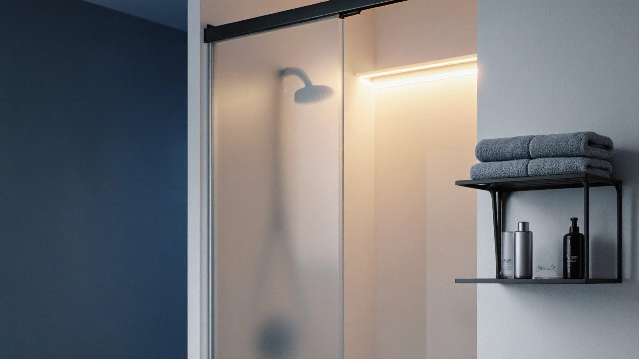 Close‑up of frosted glass shower door with LED backlighting and modular shelves.