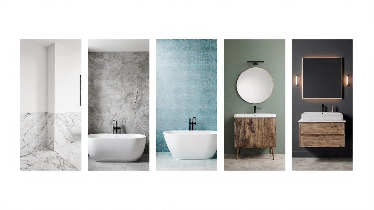 Collage of five bathrooms showing white, light grey, soft blue, sage green, and charcoal accent walls.