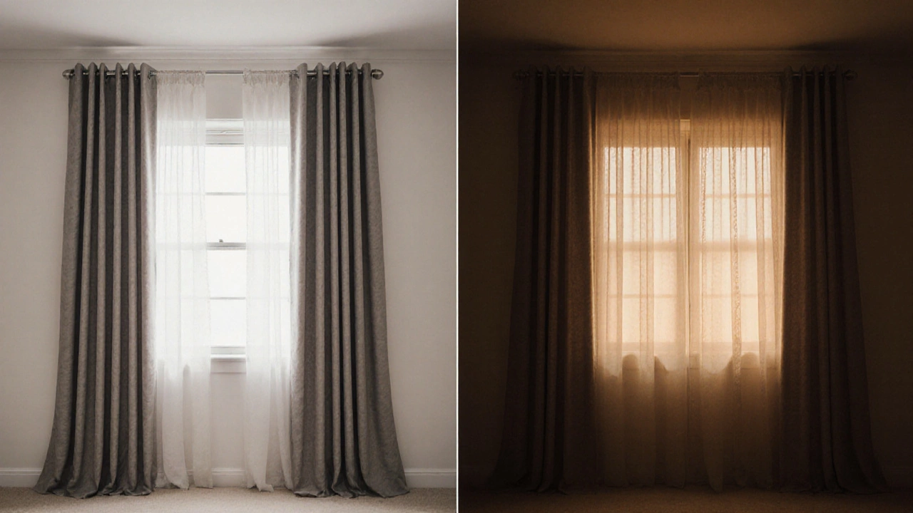 Contrasting window treatments: narrow curtains causing light leaks vs. wide curtains fully framing the window with balanced light.