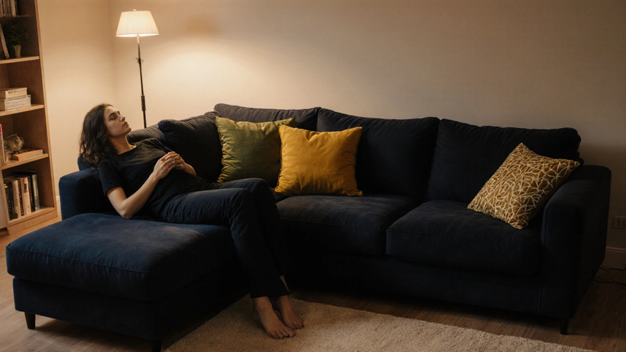 Cozy living room with sectional sofa and four cushions arranged per the 60‑30‑10 rule, person lounging.