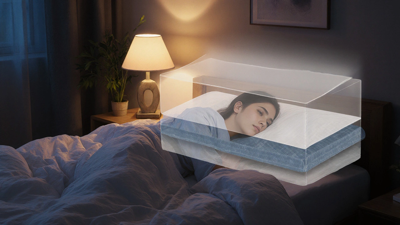 Cozy night bedroom with glowing sheets, duvet, and a sleeping person under warm light.