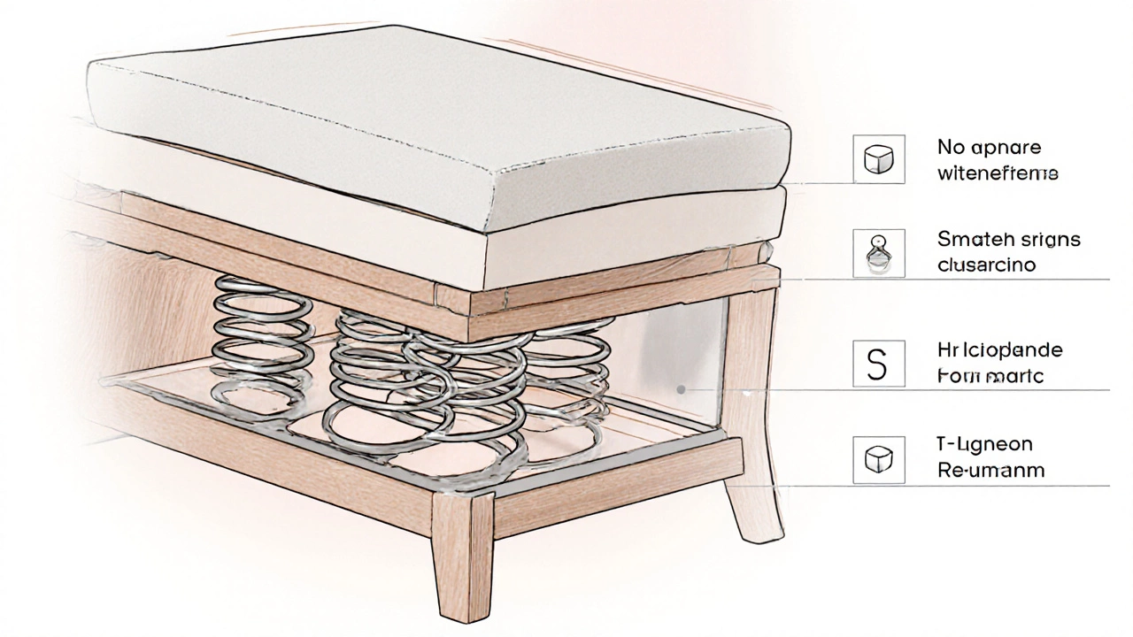 Cutaway illustration showing sofa frame, springs, foam and fabric layers.