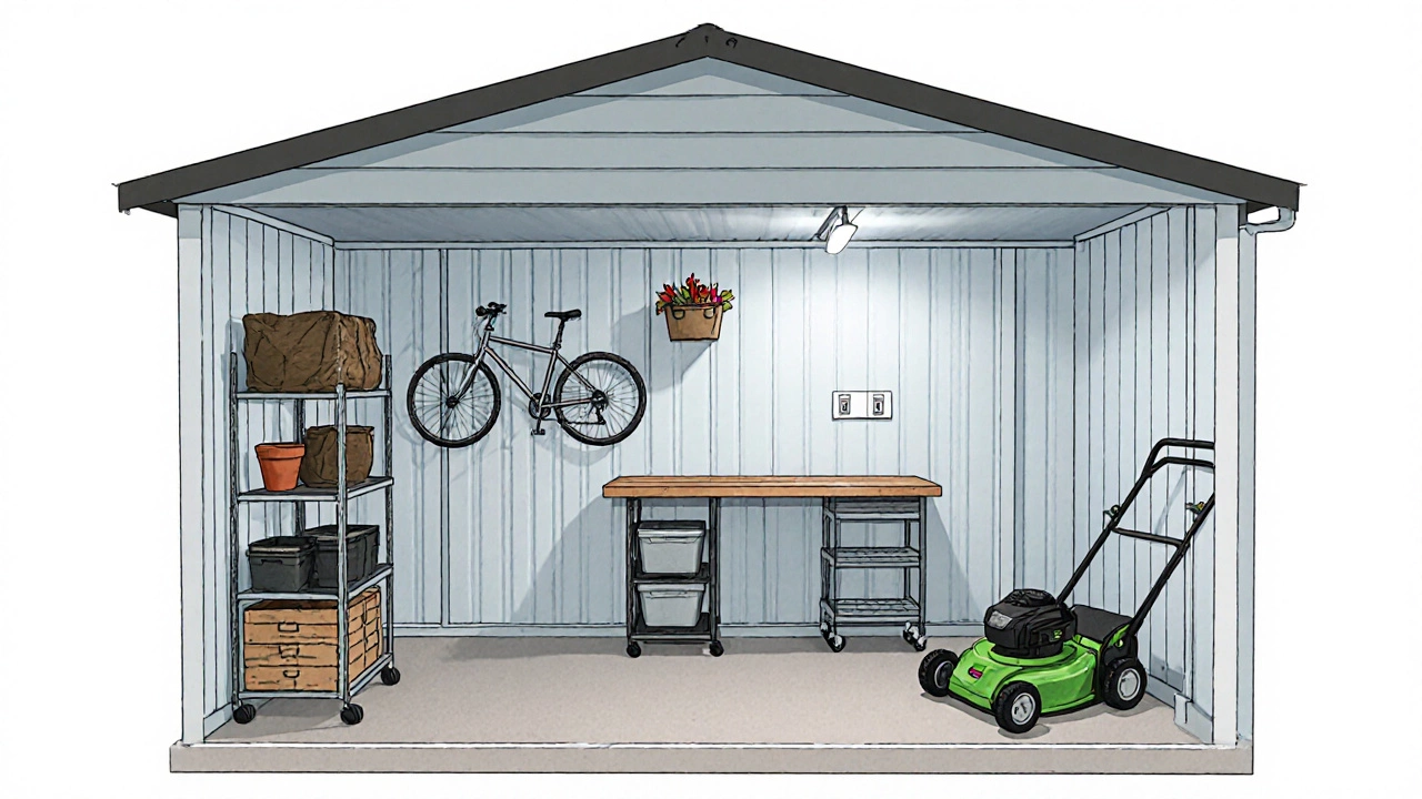 Diagram showing workbench, mower, shelves, bike rack, and ceiling storage zones.