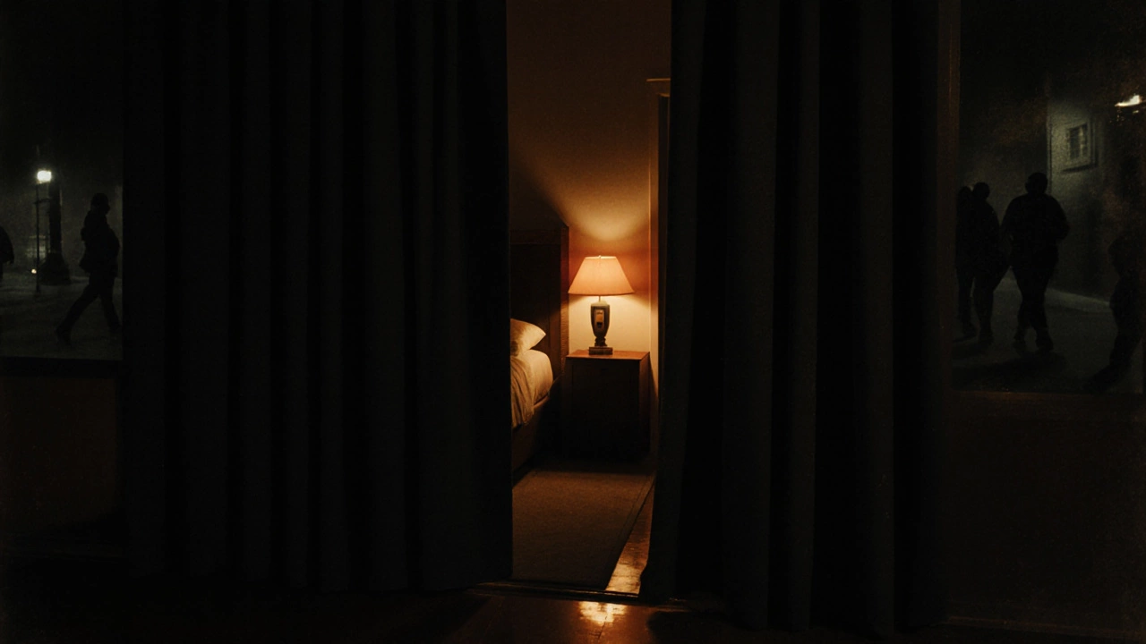 Dimly lit bedroom with closed black curtains, warm interior light, and a sense of security against outside view.