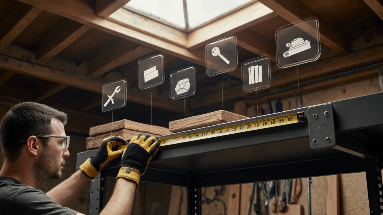 DIYer measures a long steel shelf in a sunny garage, with floating weight icons indicating load.