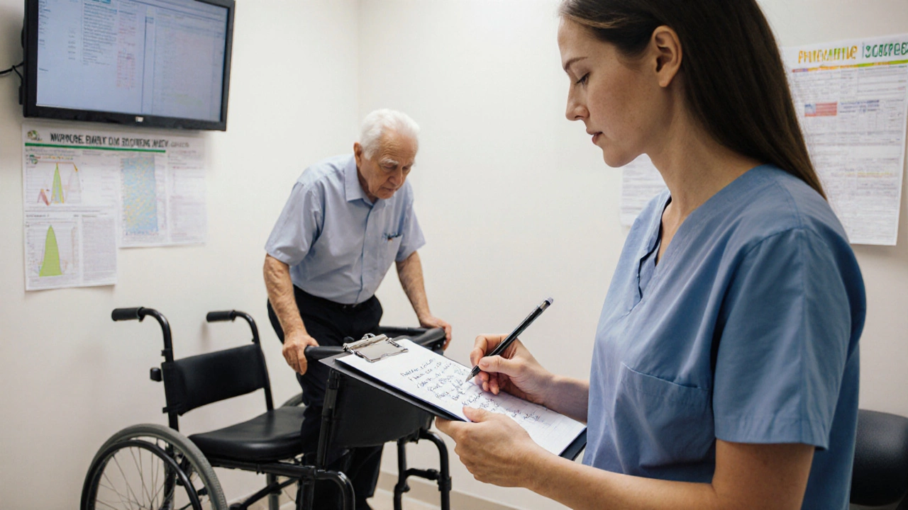Doctor and physical therapist reviewing mobility assessment for a senior patient.