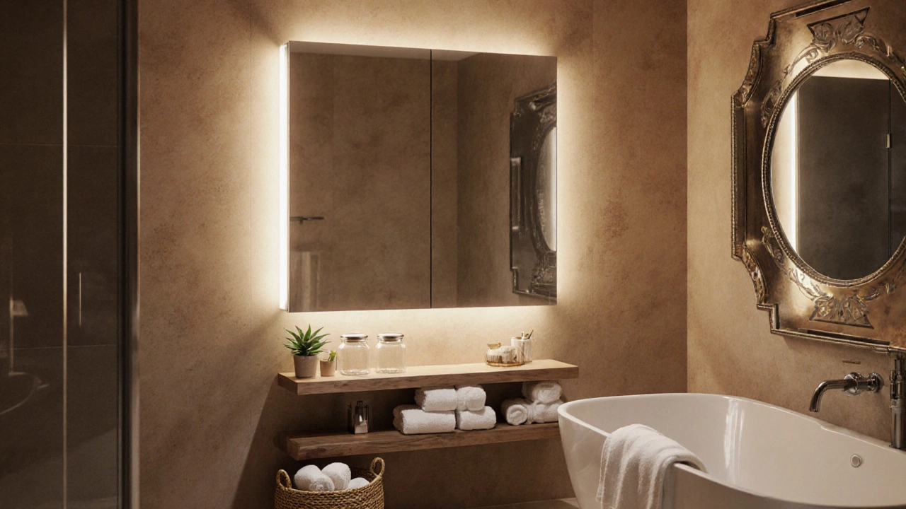 Elegant bathroom featuring mirror cabinet, shelves, basket, and decorative mirror.