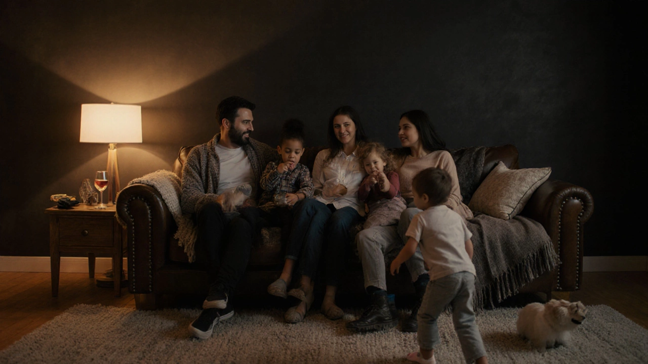 Family lounging on a premium leather sofa with warm lighting in a cozy living area.