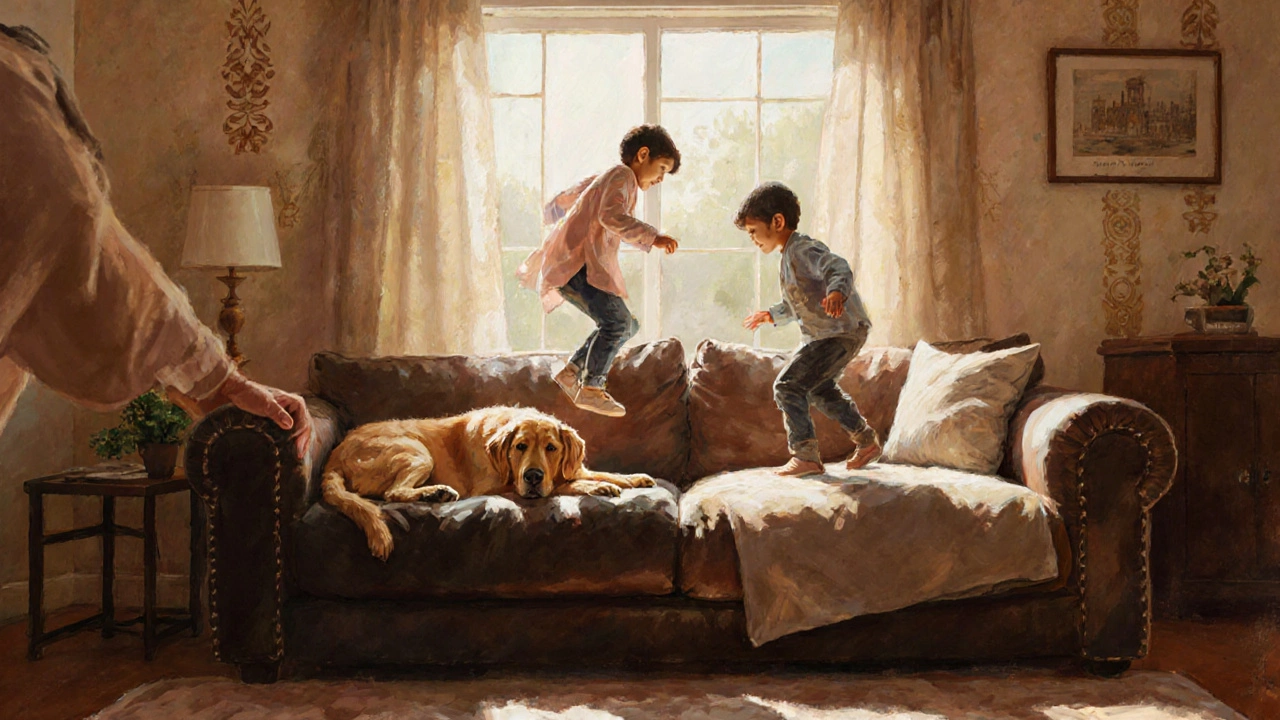 Family with kids and dog using a durable sofa with slipcover in warm light.