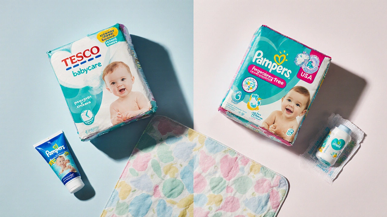 Flat‑lay comparing UK nappy pack with US diaper pack, plus cream and wipes.