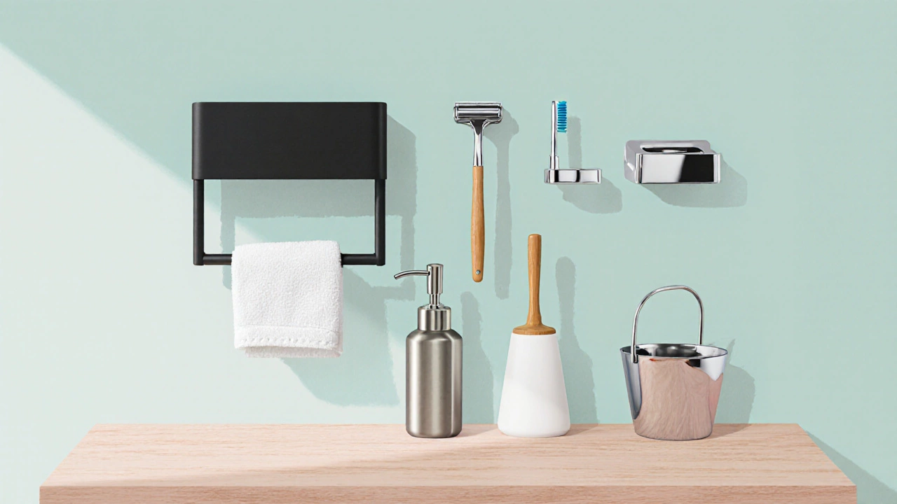 Flat‑lay of essential bathroom accessories on a vanity surface.
