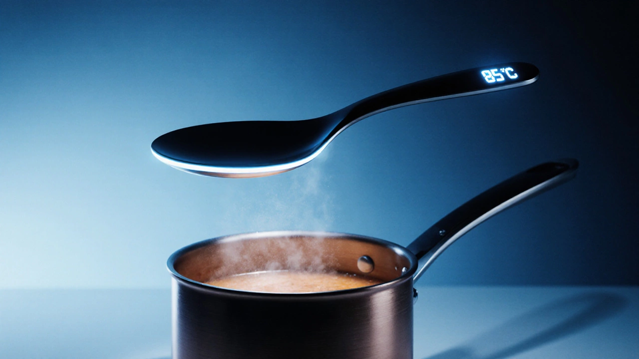 Futuristic smart spoon displaying temperature in a modern kitchen.