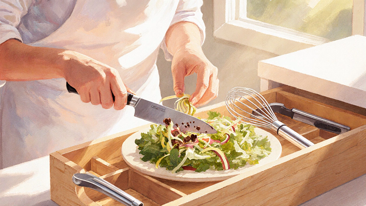 Home cook plating a salad using various kitchen tools in a warm, sunlit kitchen.