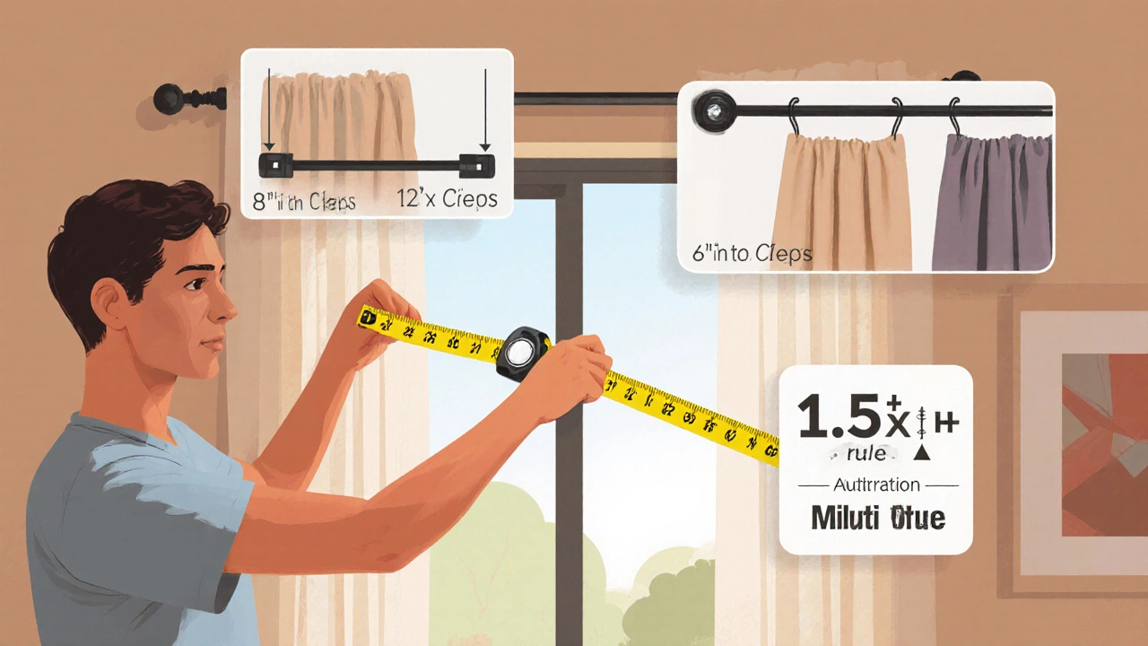 Homeowner measuring a window with floating design guides showing ideal curtain extensions and fabric width ratios.