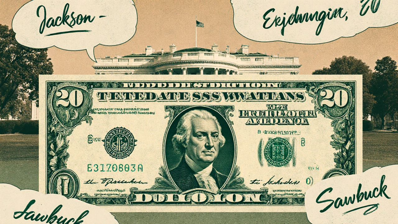 Illustration of a  bill highlighting Andrew Jackson, White House, and nicknames.