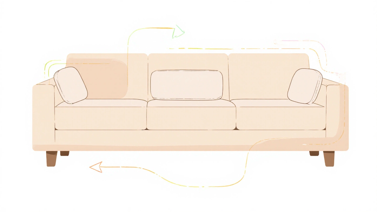Illustration of cushion placement: corner squares, central rectangle, and small tilted accent pillow.