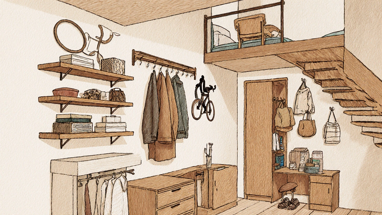 Illustration of wall shelves, floating bathroom cabinet, high hooks, under‑stair drawers, and loft bed with desk.