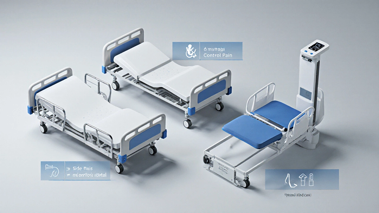 Isometric illustration of hospital, adjustable, and specialty medical beds.