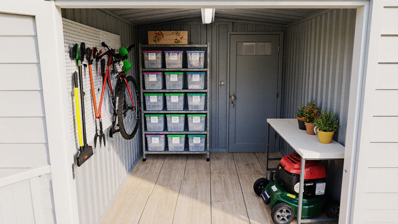 Isometric view of organized shed with aisle, pegboard, bike rack, shelves, mower, and workbench.