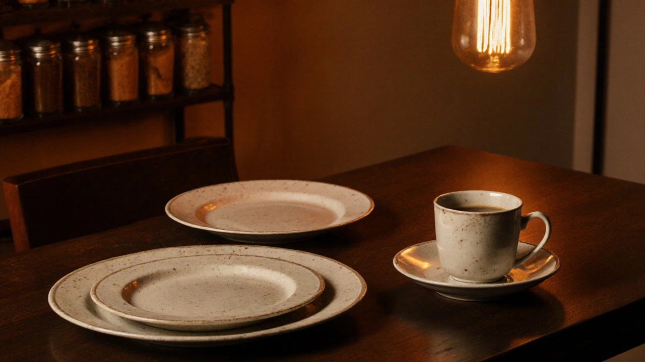 Modern stoneware charger with matching plates and mug on a wooden table.