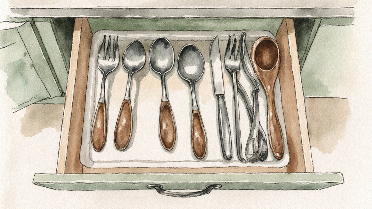 Organized kitchen drawer showing many spoons of different materials stacked together.