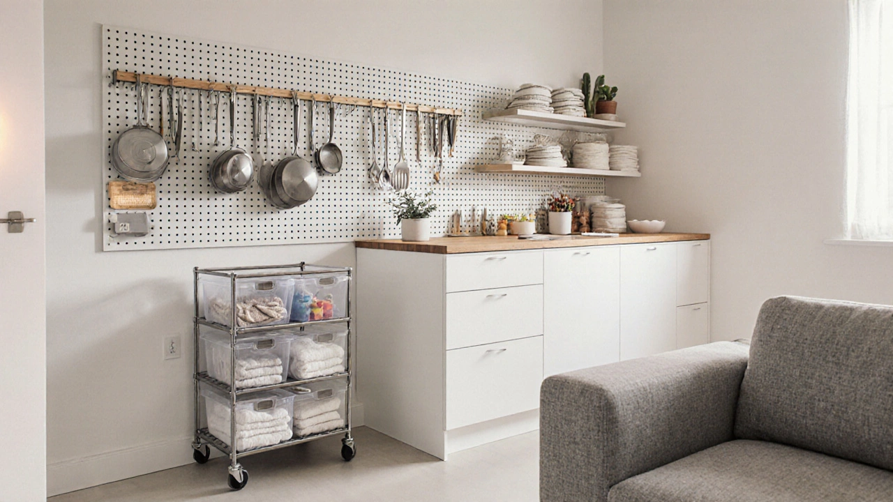 Organized modern small home showing pegboard, rolling cart, clear bins, and storage ottoman.