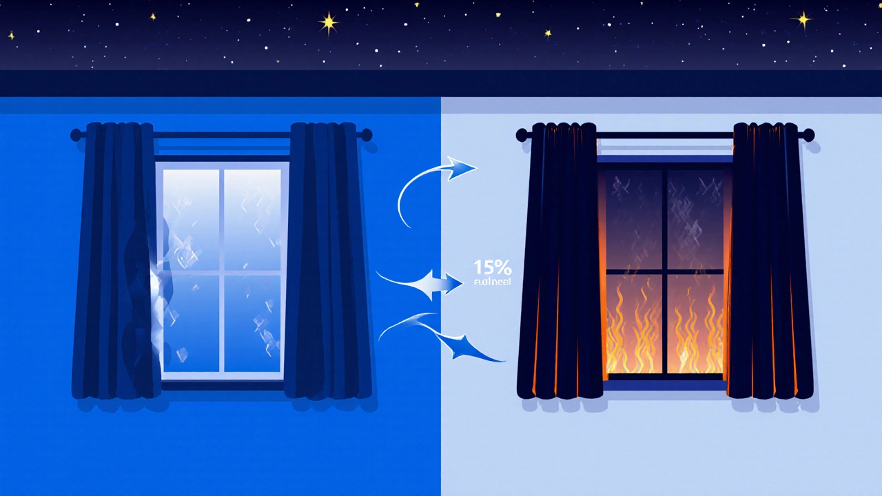 Side‑by‑side illustration comparing open versus closed curtains showing heat loss and energy savings.