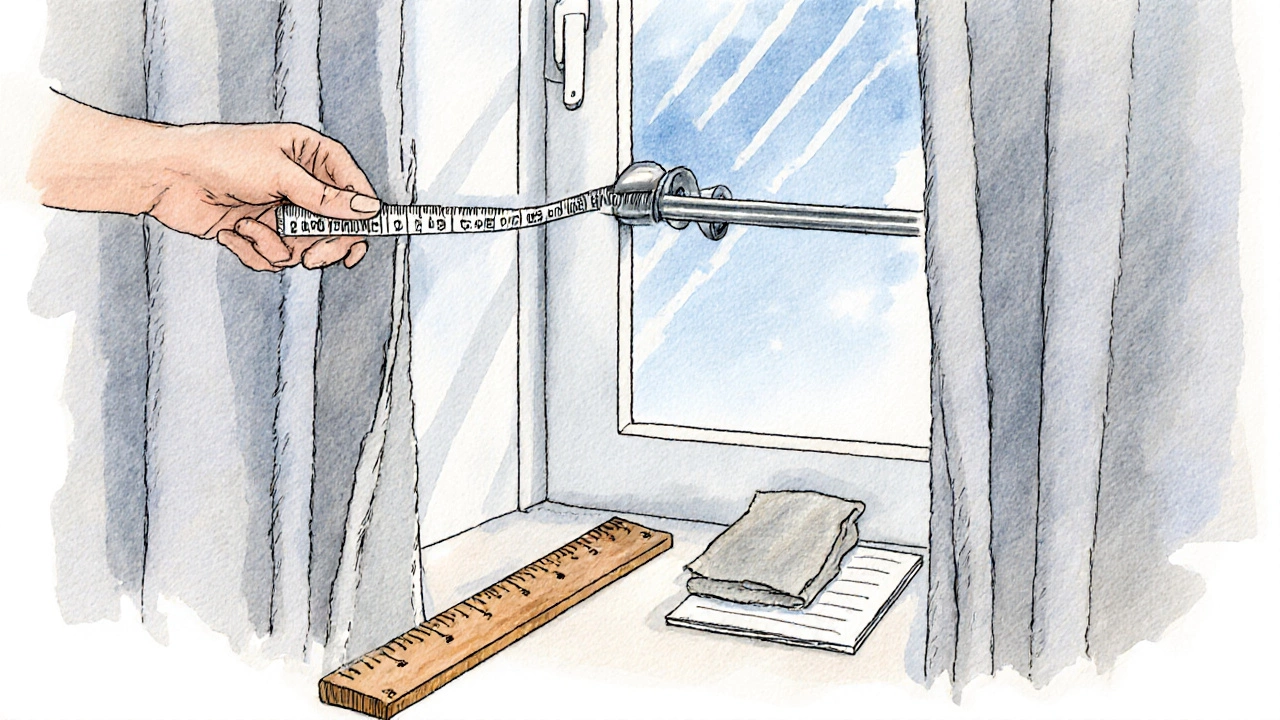 Sketch of a person measuring a window with tape and planning short curtains.