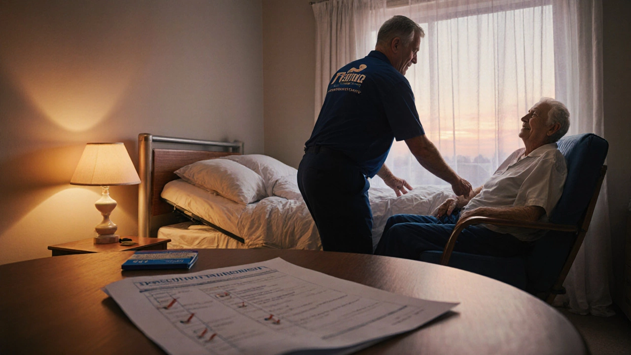 Supplier installs a hospital‑style bed in a senior's bedroom with paperwork nearby.