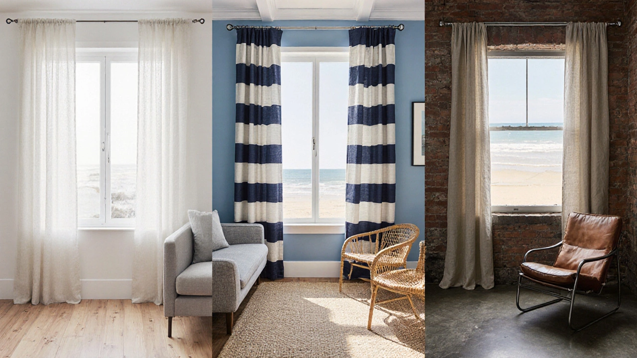 Three rooms with short curtains: Scandinavian, coastal, and industrial styles.
