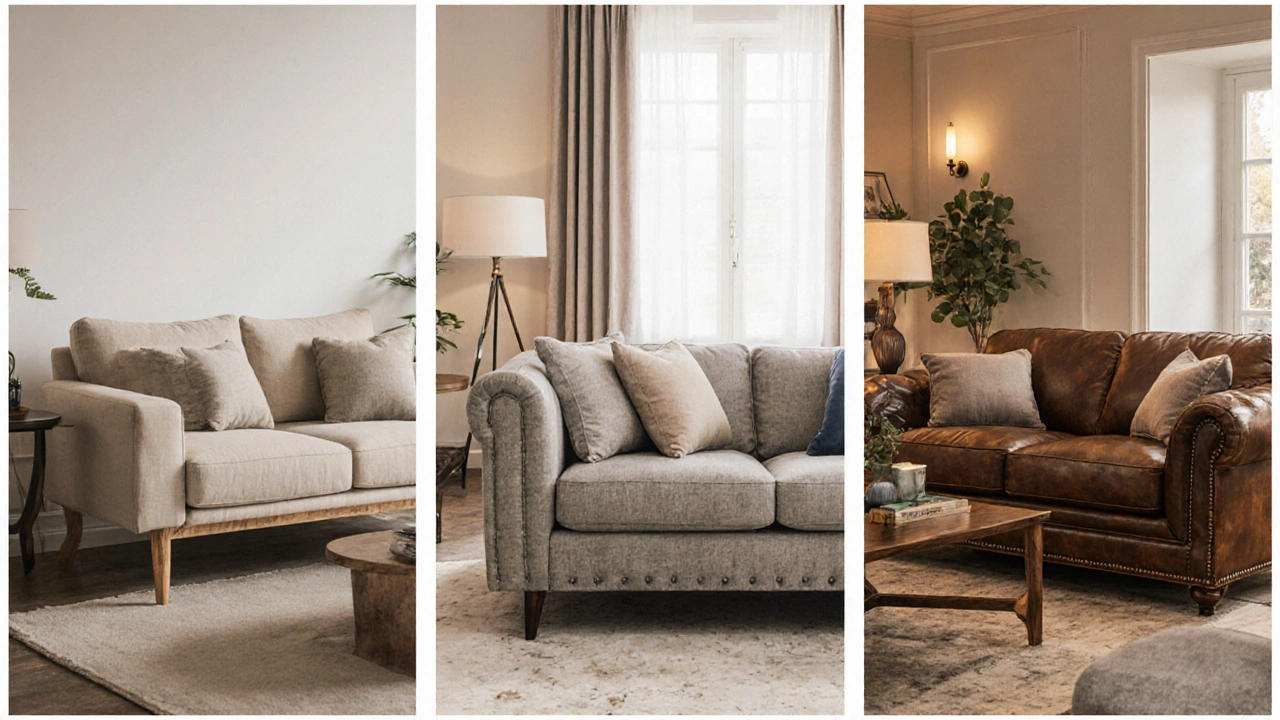 Three sofas side by side showing budget, mid‑range, and premium builds in different rooms.