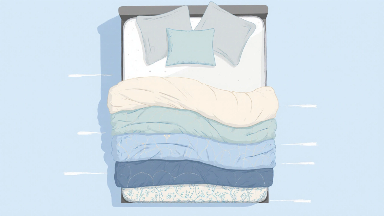 Top‑down view of a bed showing mattress protector, fitted sheet, flat sheet, duvet, and bedspread.