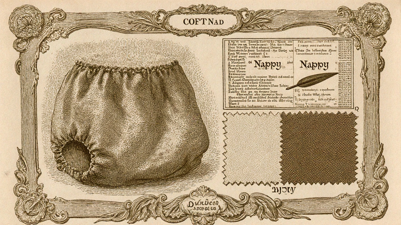 Vintage drawing of a cloth nappy with soft nap fabric and historical text.