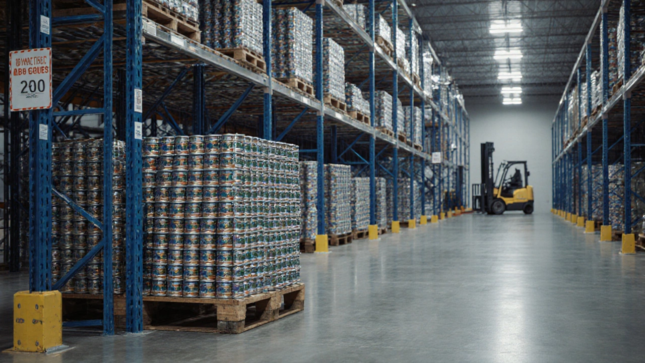 Warehouse aisle with 500‑rated shelves holding pallets, one shelf slightly bending under extra load.