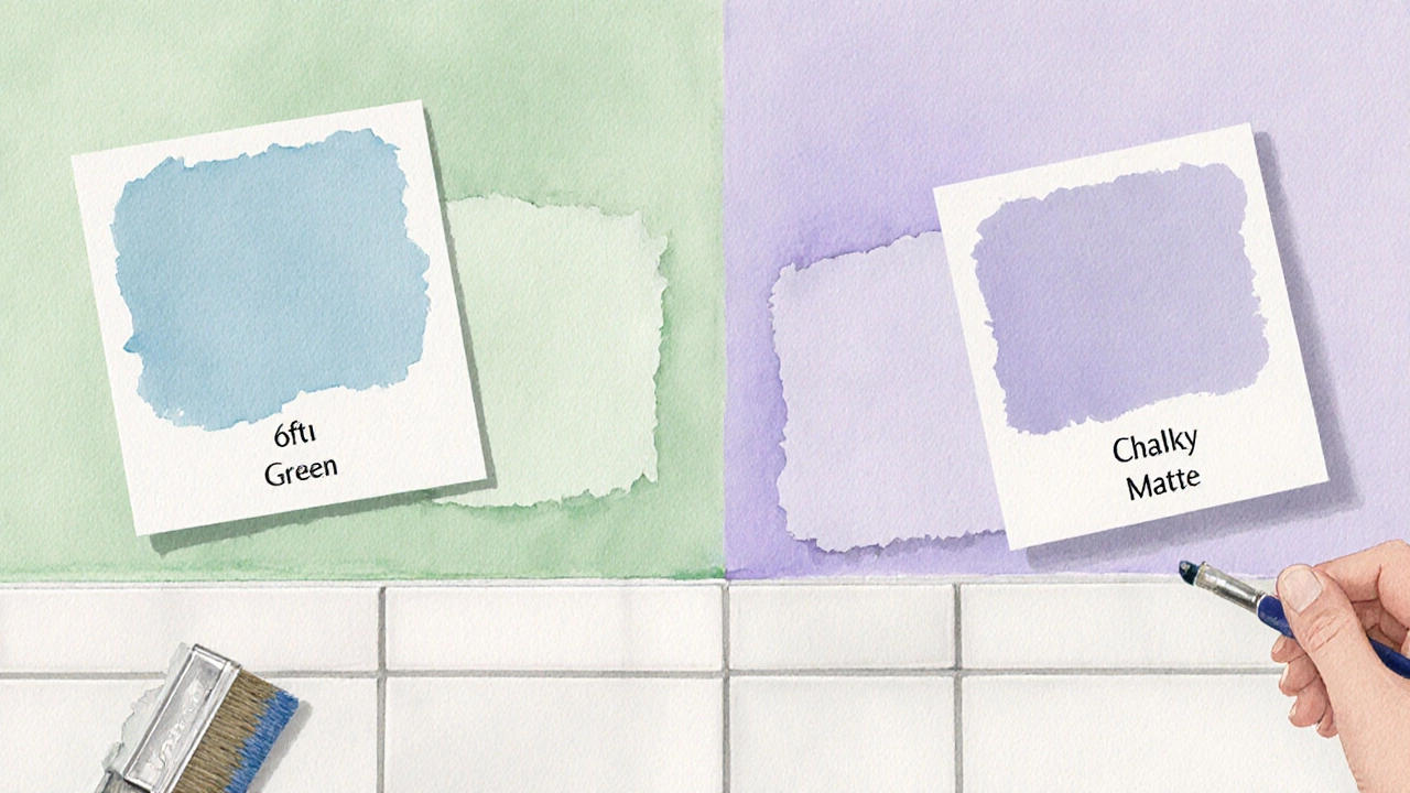 Watercolor of paint sample squares in blue, green, lavender showing light changes.