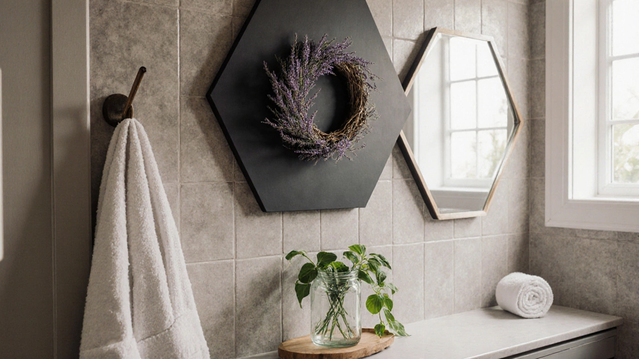 A bathroom door with lavender wreath and wooden hook, reflecting a hexagonal mirror and trailing pothos.
