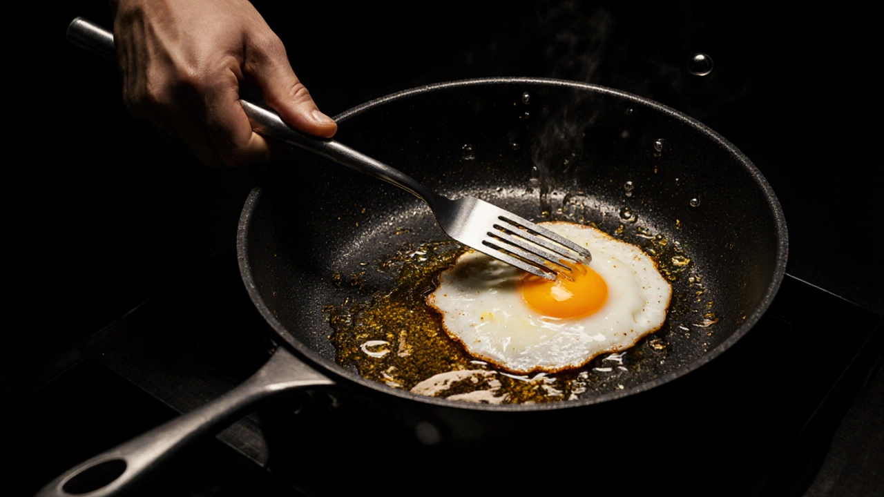 A metal spatula lifting a fried egg from a dark, seasoned carbon steel pan with glowing oil layers.