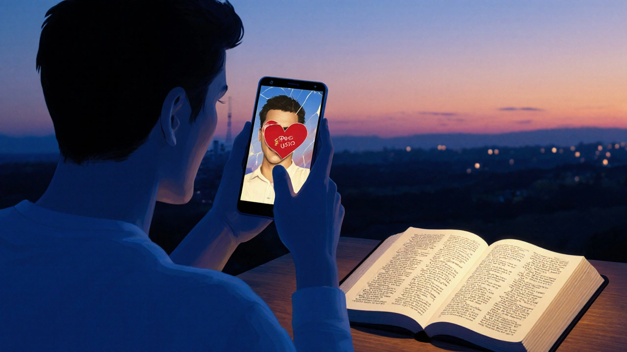 A modern person looking at a smartphone whose reflection shows their fractured heart.