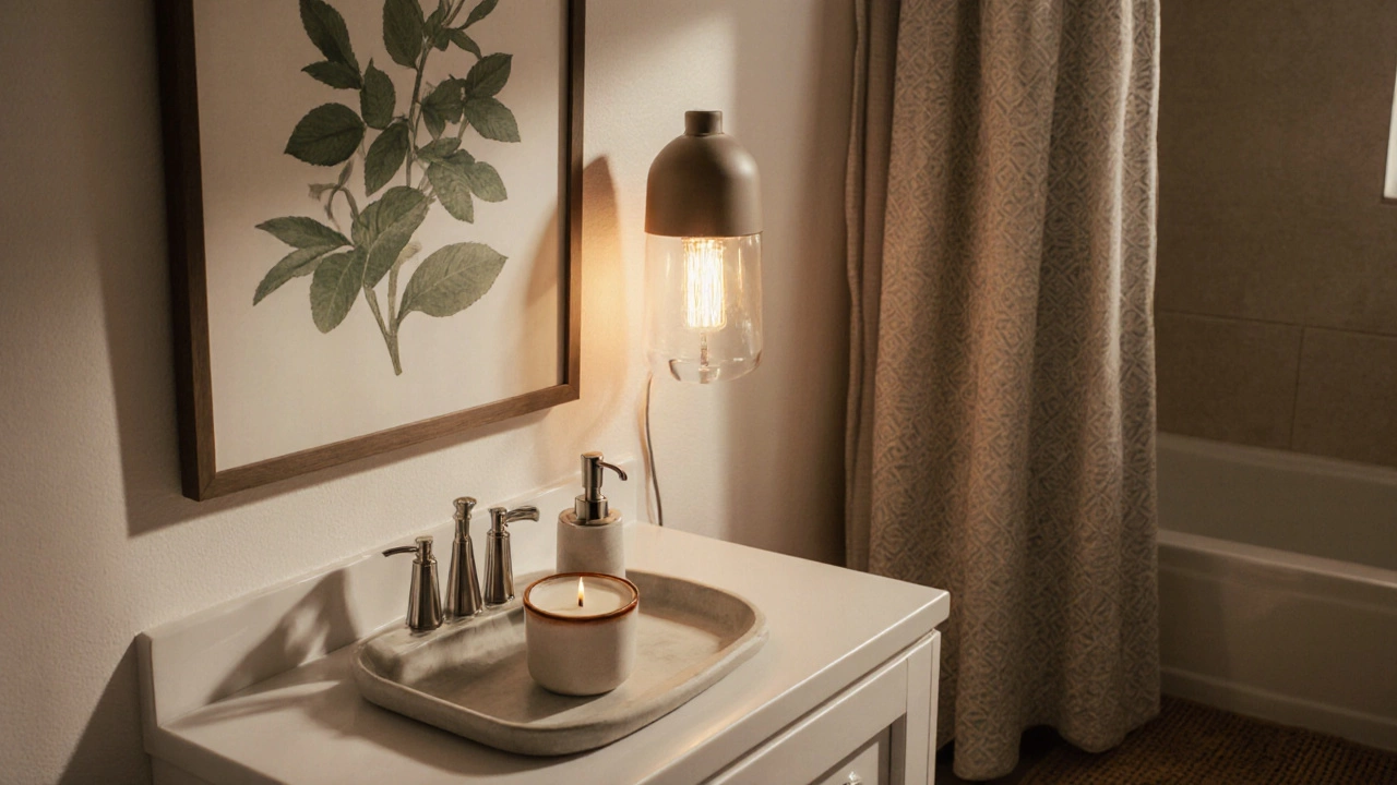 A neatly organized vanity with ceramic tray, soy candle, and botanical art under soft lamplight.