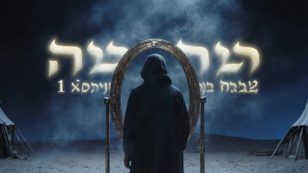 A person seeing a blurred reflection in an ancient mirror with divine light behind them.