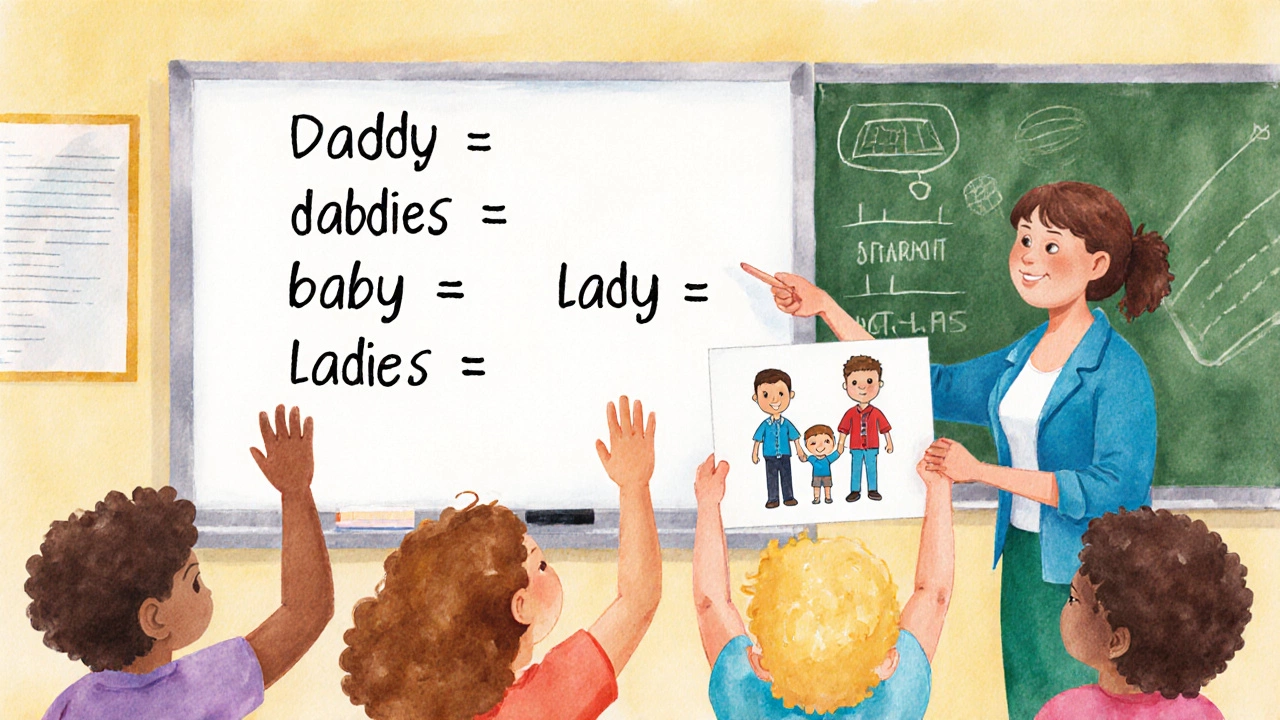 A teacher explains plural rules on a whiteboard with children reacting in a bright classroom.