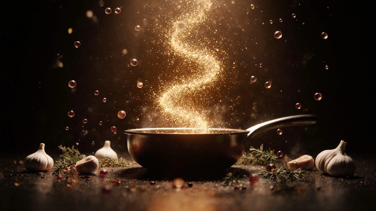 Abstract golden-brown flavor particles rising from a pan into a sauce.