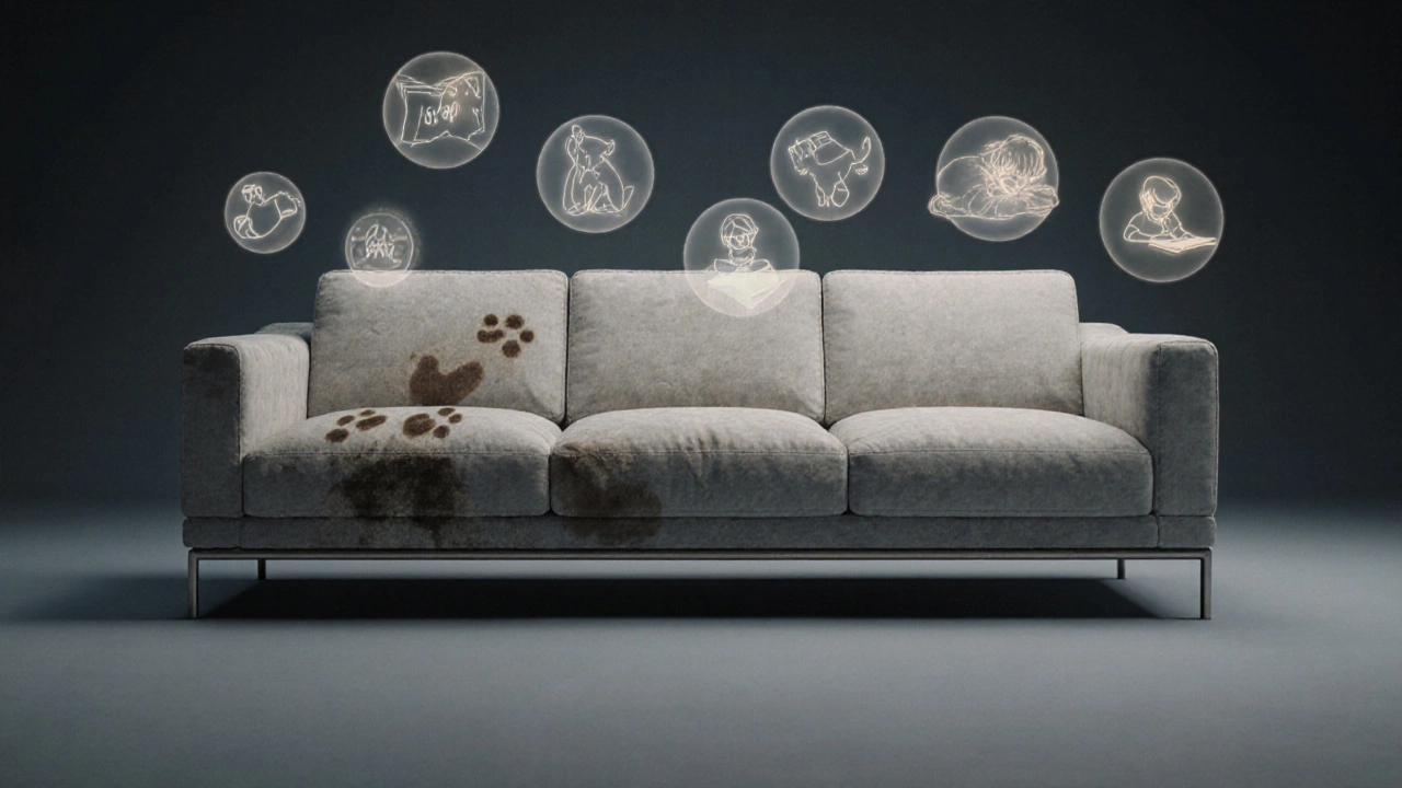 An aged but beautiful sofa surrounded by glowing memories of daily life, symbolizing long-term comfort and value.