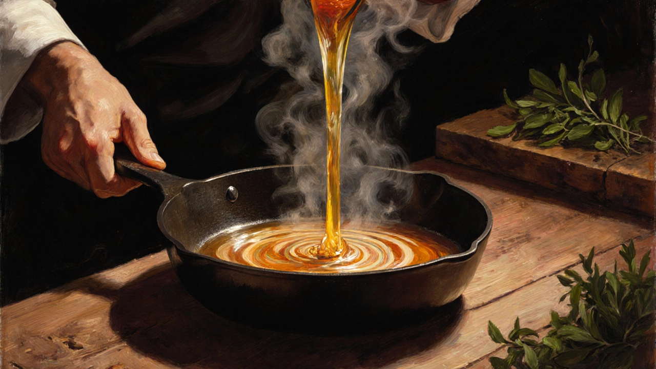 Chef deglazing a cast iron pan with broth, fond lifting into steamy swirls.